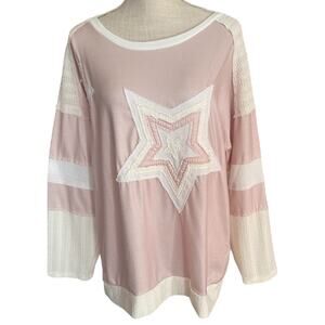 Women's, Large, Patchwork Star Applique Round Neck Top, Pink & White